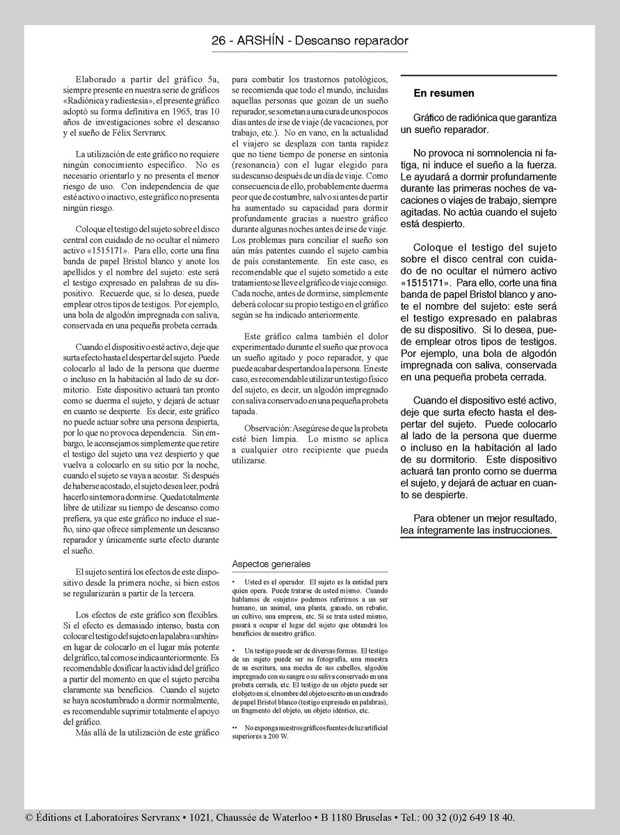 N° 26 - ARCHINE - Bon repos: NOTICE ESPAGNOLE SOLAMENTE – Editions Servranx